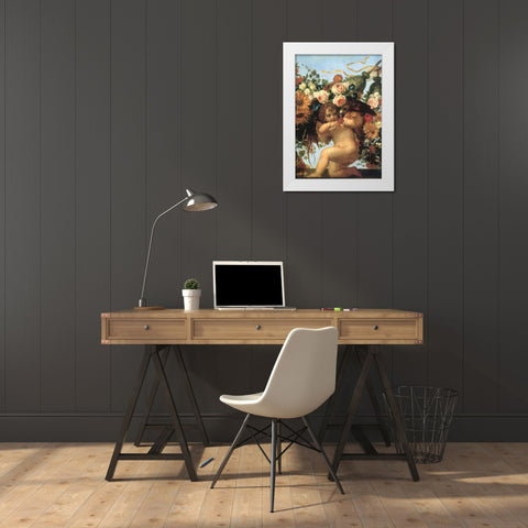 Cherub And Parrot White Modern Wood Framed Art Print by Vintage Apple Collection