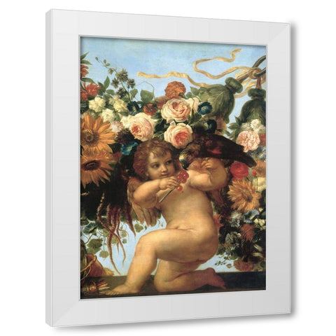 Cherub And Parrot White Modern Wood Framed Art Print by Vintage Apple Collection