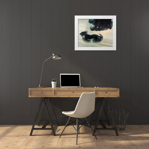 Dog On A Leash White Modern Wood Framed Art Print by Vintage Apple Collection