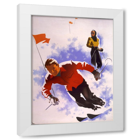 Downhill Skiing White Modern Wood Framed Art Print by Vintage Apple Collection
