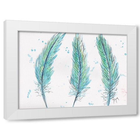 Aqua Feathers White Modern Wood Framed Art Print by Dyer, Beverly