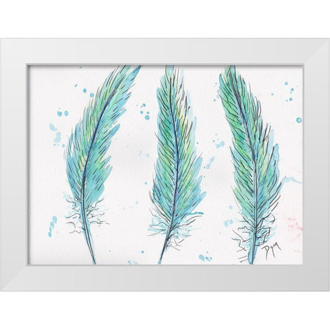 Aqua Feathers White Modern Wood Framed Art Print by Dyer, Beverly