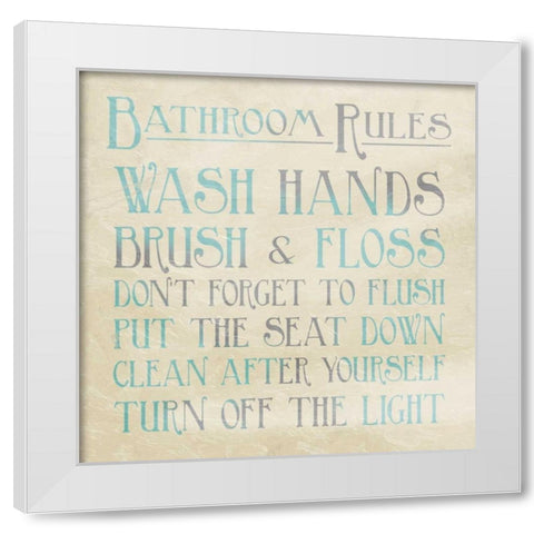 Bathroom Rules Teal White Modern Wood Framed Art Print by Grey, Jace
