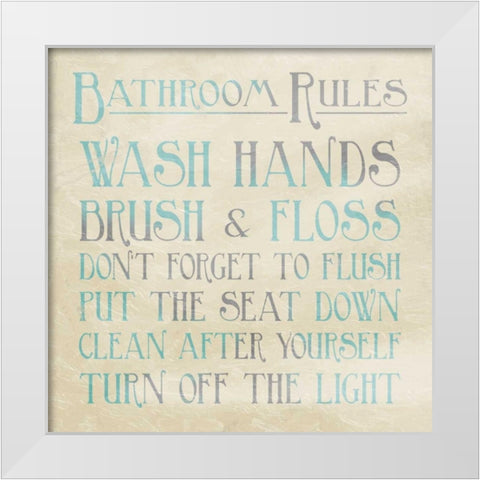Bathroom Rules Teal White Modern Wood Framed Art Print by Grey, Jace