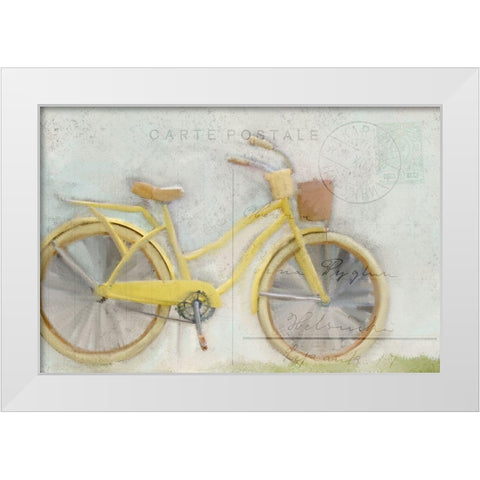 Yellow Bike Postale White Modern Wood Framed Art Print by Kimberly, Allen