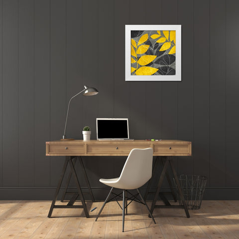 Gray and Gold Leaves I White Modern Wood Framed Art Print by Emery, Kristin