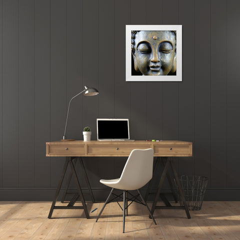 Buddha Smile White Modern Wood Framed Art Print by KUMA