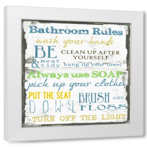 BATHROOM RULES White Modern Wood Framed Art Print by Greene, Taylor