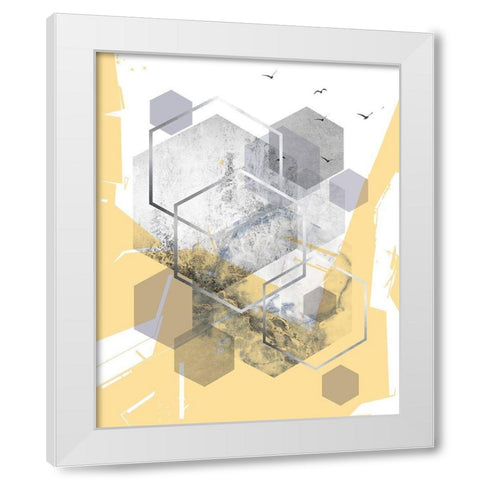 Yellow Grey Abstract Hexagons 1 White Modern Wood Framed Art Print by Urban Epiphany