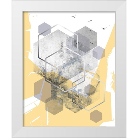 Yellow Grey Abstract Hexagons 1 White Modern Wood Framed Art Print by Urban Epiphany