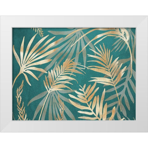 Glam Leaves Teal 1 White Modern Wood Framed Art Print by Urban Epiphany