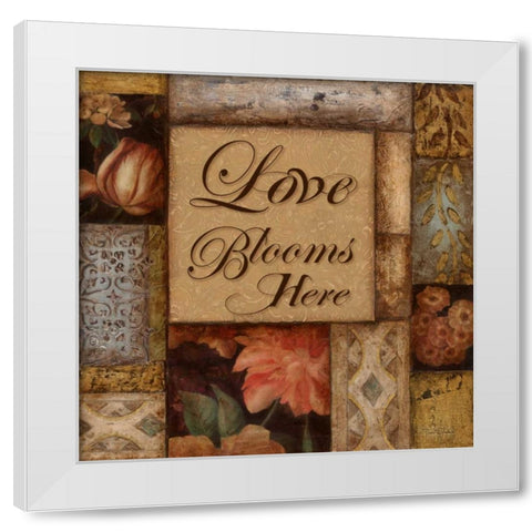 Love Blooms Here White Modern Wood Framed Art Print by Tava Studios