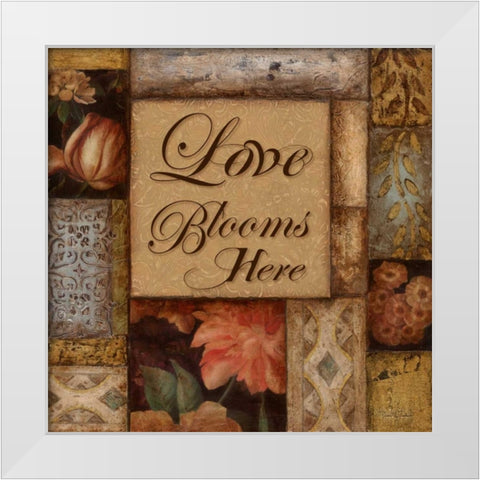 Love Blooms Here White Modern Wood Framed Art Print by Tava Studios