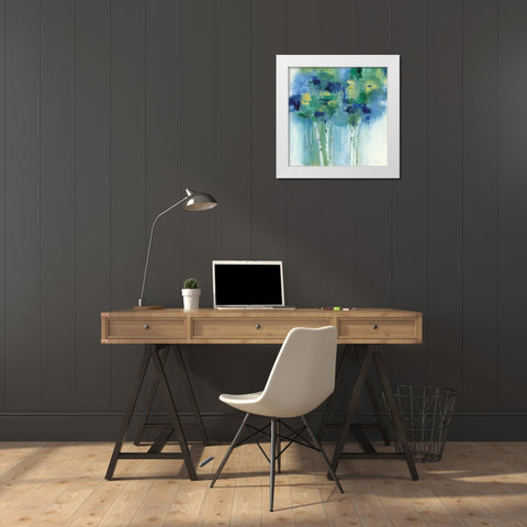 Birch In Blues White Modern Wood Framed Art Print by Tava Studios