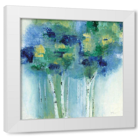 Birch In Blues White Modern Wood Framed Art Print by Tava Studios