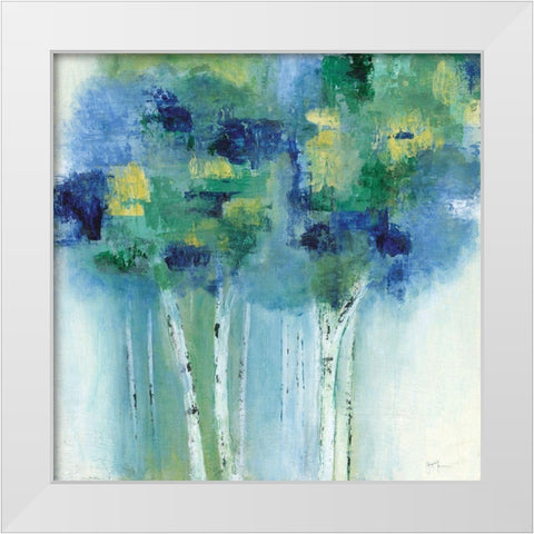 Birch In Blues White Modern Wood Framed Art Print by Tava Studios