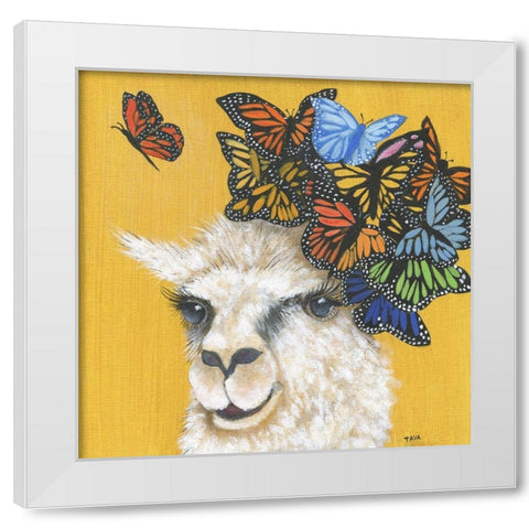 Llama and Butterflies White Modern Wood Framed Art Print by Tava Studios