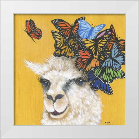 Llama and Butterflies White Modern Wood Framed Art Print by Tava Studios