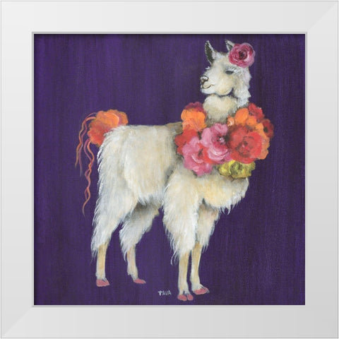 Llama Flowers White Modern Wood Framed Art Print by Tava Studios
