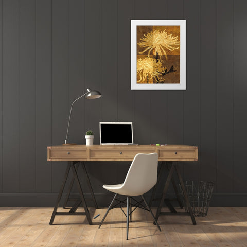 Golden Mums II White Modern Wood Framed Art Print by Mallett, Keith