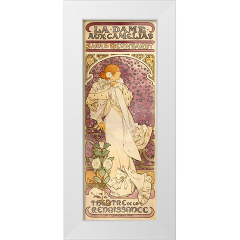 The Lady of the Camellias - Sarah Bernhardt, 1896 White Modern Wood Framed Art Print by Mucha, Alphonse