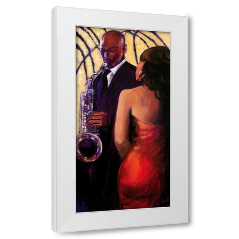 Sax Seduction White Modern Wood Framed Art Print by Stewart, Monica