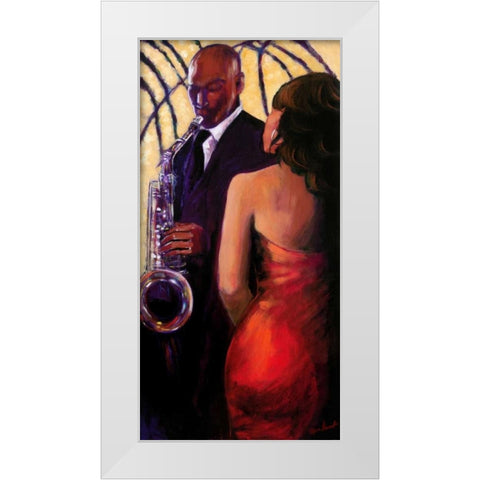 Sax Seduction White Modern Wood Framed Art Print by Stewart, Monica