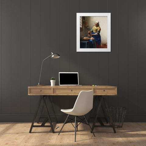 The Milkmaid White Modern Wood Framed Art Print by Vermeer, Johannes