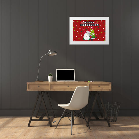 Merry Christmas Snowman and Tree White Modern Wood Framed Art Print by Pinto, Patricia