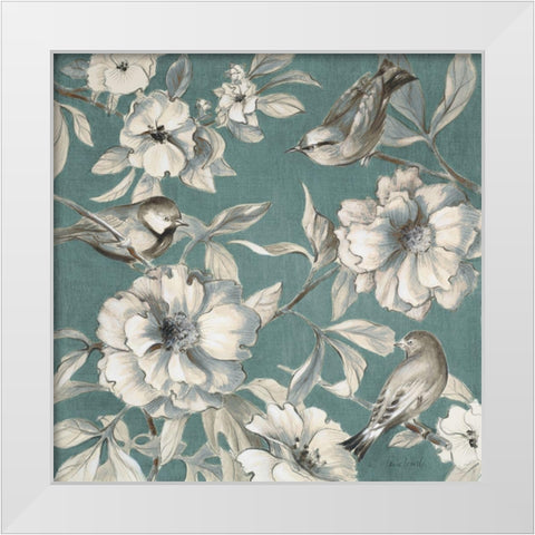 Peonies And Birds White Modern Wood Framed Art Print by Loreth, Lanie