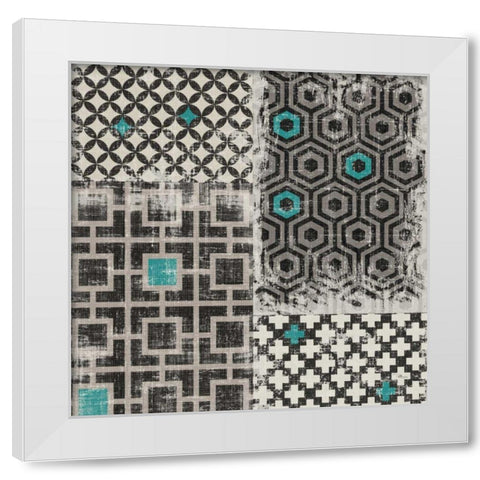 Geometric Patchwork Peacock Blue Square II White Modern Wood Framed Art Print by Pela Studio