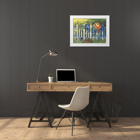 Morning Glories on the Fence White Modern Wood Framed Art Print by Rowan, Carol