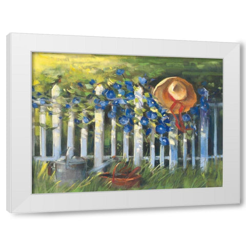 Morning Glories on the Fence White Modern Wood Framed Art Print by Rowan, Carol
