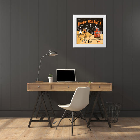 Spooky Village IV Happy Halloween White Modern Wood Framed Art Print by Marshall, Laura