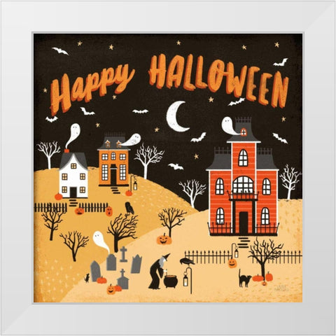 Spooky Village IV Happy Halloween White Modern Wood Framed Art Print by Marshall, Laura