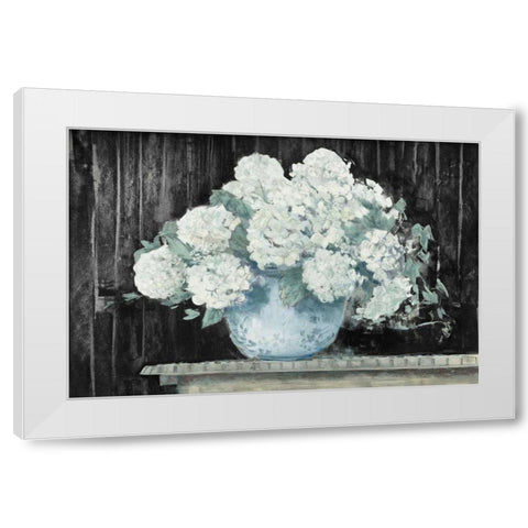 White Hydrangea on Black Crop White Modern Wood Framed Art Print by Rowan, Carol