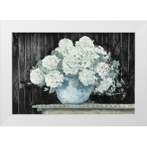White Hydrangea on Black Crop White Modern Wood Framed Art Print by Rowan, Carol