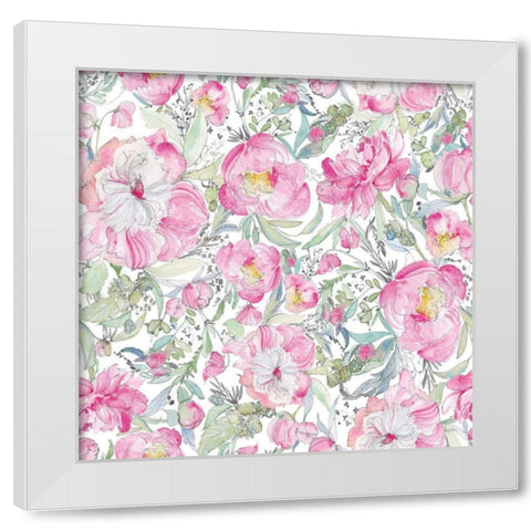 Pink Peonies Pattern II White Modern Wood Framed Art Print by Rice, Kristy