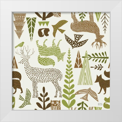 Forest Folklore Green Pattern IB White Modern Wood Framed Art Print by Mullan, Michael