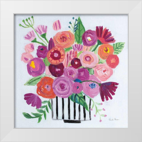 Pink Blossoms II Black Lines White Modern Wood Framed Art Print by Zaman, Farida