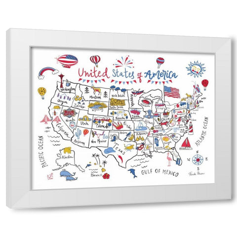 USA Map White Modern Wood Framed Art Print by Zaman, Farida