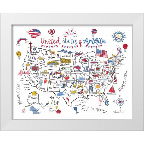 USA Map White Modern Wood Framed Art Print by Zaman, Farida