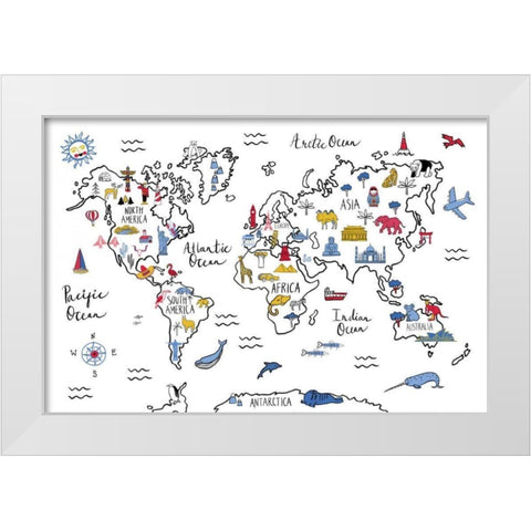 World Map White Modern Wood Framed Art Print by Zaman, Farida
