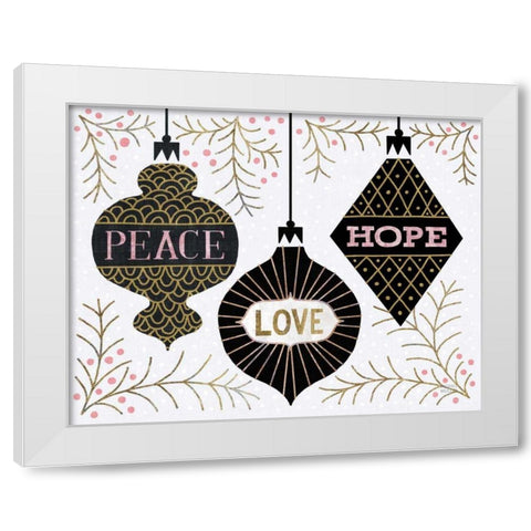 Jolly Holiday Ornaments Peace Love Joy White Modern Wood Framed Art Print by Mullan, Michael