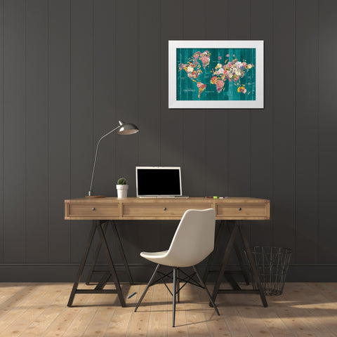 Botanical Floral Map Words Aqua White Modern Wood Framed Art Print by Wild Apple Portfolio
