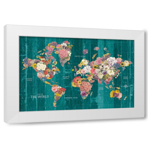 Botanical Floral Map Words Aqua White Modern Wood Framed Art Print by Wild Apple Portfolio