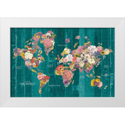 Botanical Floral Map Words Aqua White Modern Wood Framed Art Print by Wild Apple Portfolio