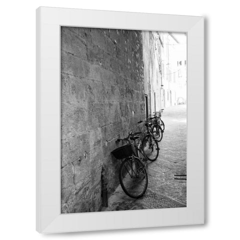 Bicycles in the Alley White Modern Wood Framed Art Print by Aledanda