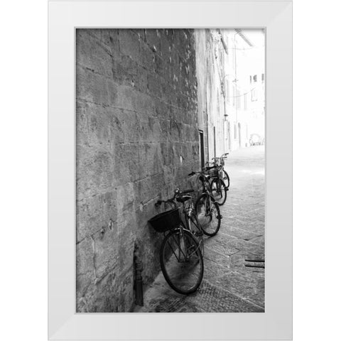 Bicycles in the Alley White Modern Wood Framed Art Print by Aledanda