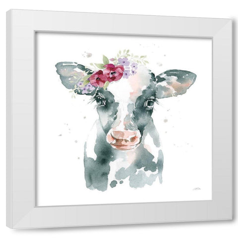 Floral Cow Pink Sq White Modern Wood Framed Art Print by Pete, Katrina